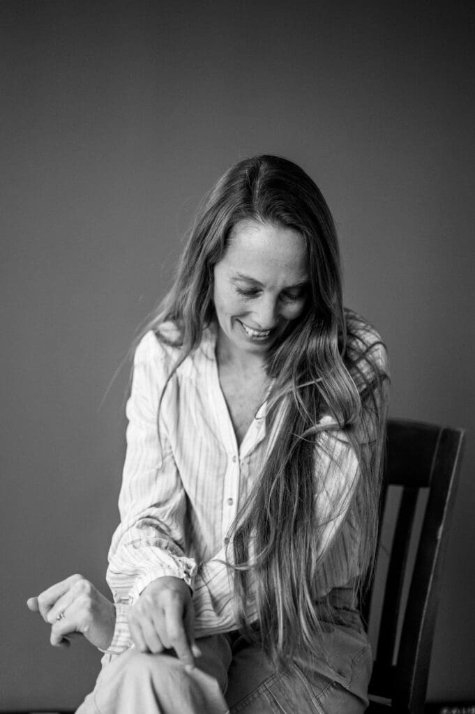 Black and white portrait of a Big Talk participant mid-conversation during a story session