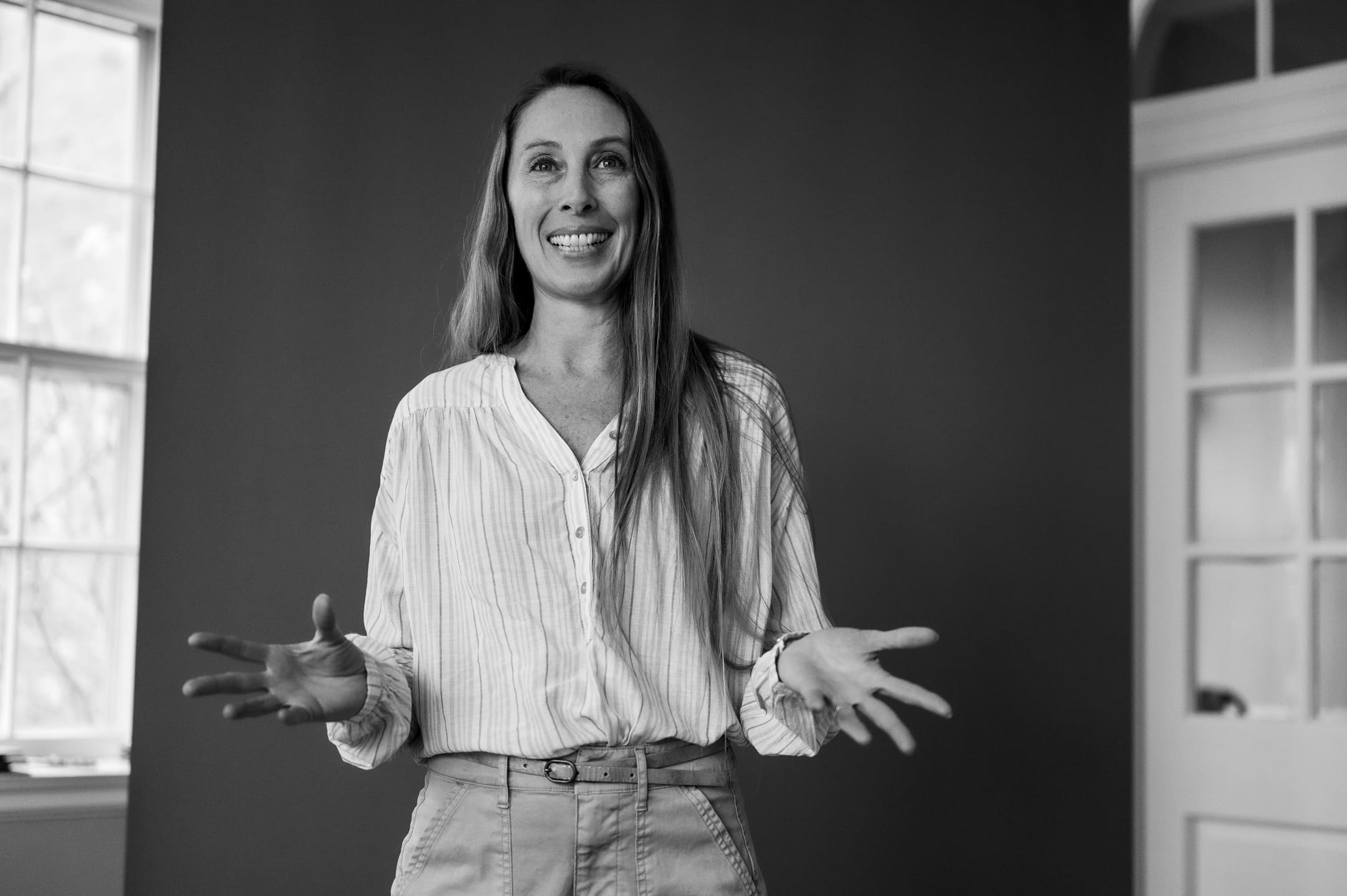 Black and white portrait of a Big Talk participant mid-conversation during a story session