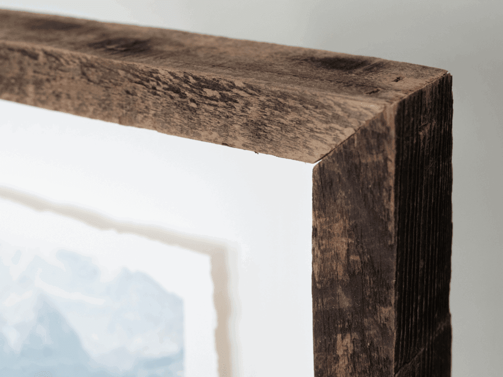 Detail of float frame corner with deckled fine art print suspended inside