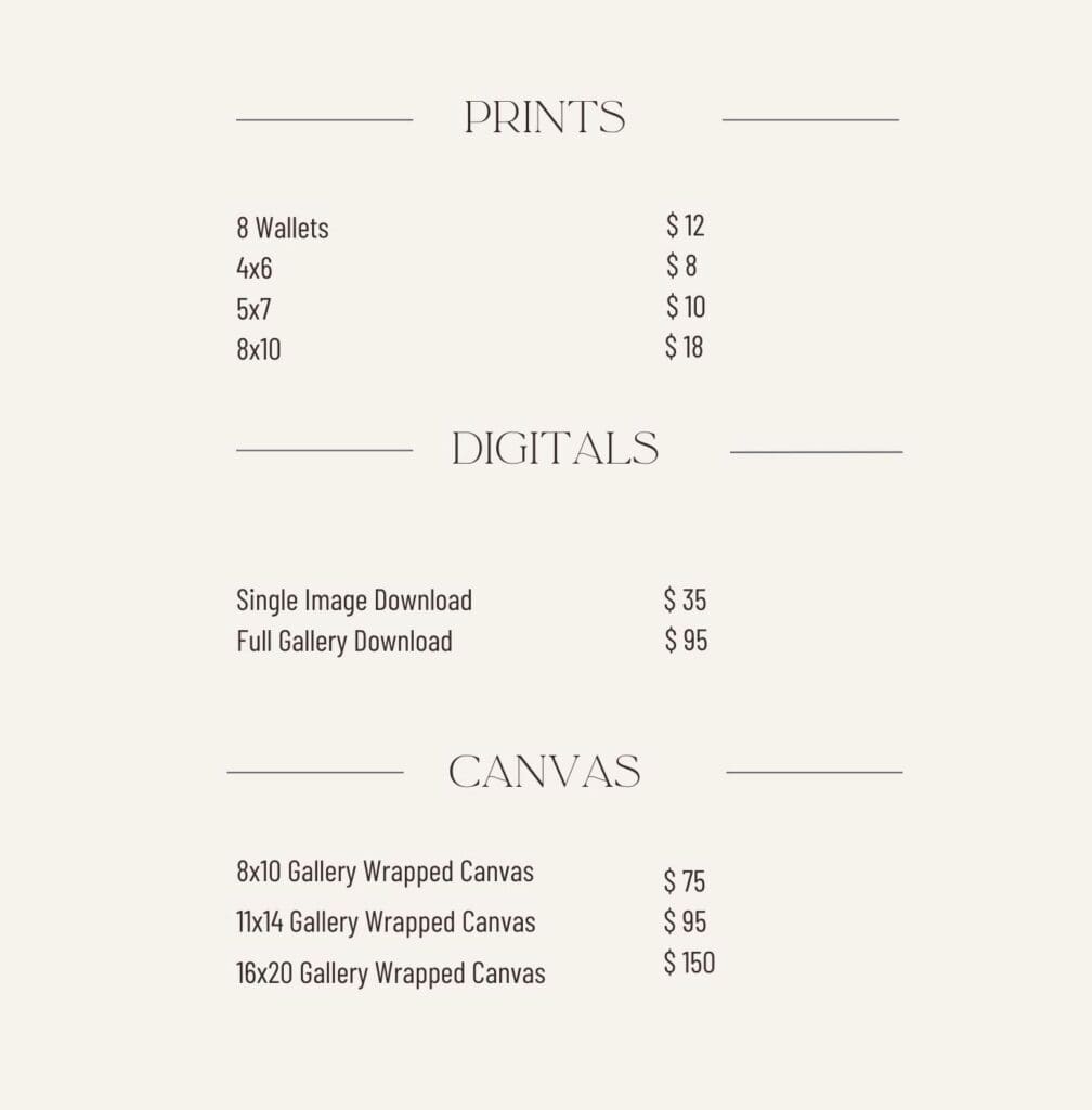 School portrait photography pricing chart showing a la carte options for prints, digital downloads, and canvases from Rebecca Bloomfield Photography