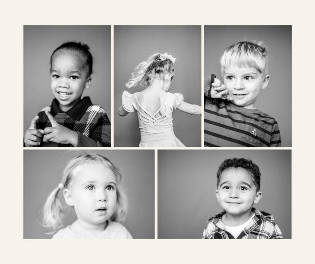 Black and white school portrait collage featuring young students with natural expressions on a neutral backdrop