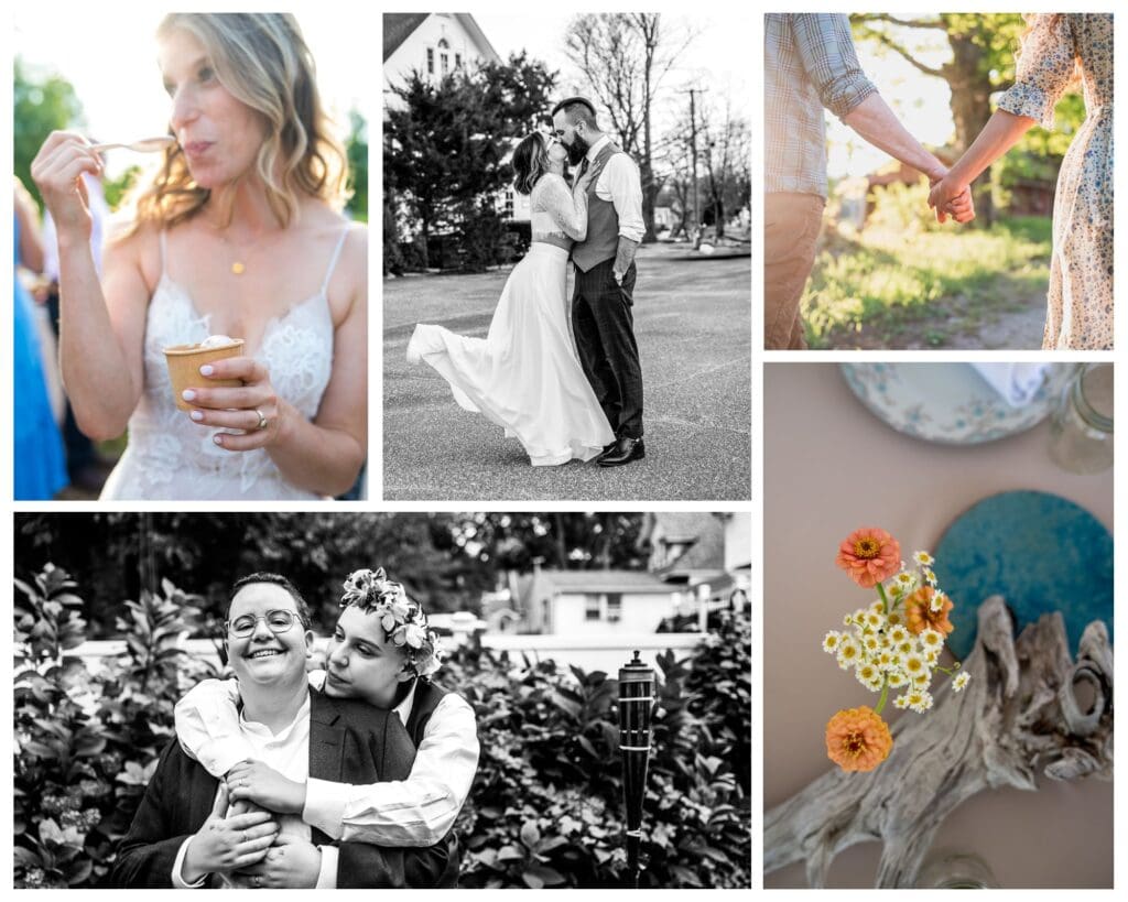 collage of elopement photography moments including couple portraits, ceremony, and candid interactions across different settings