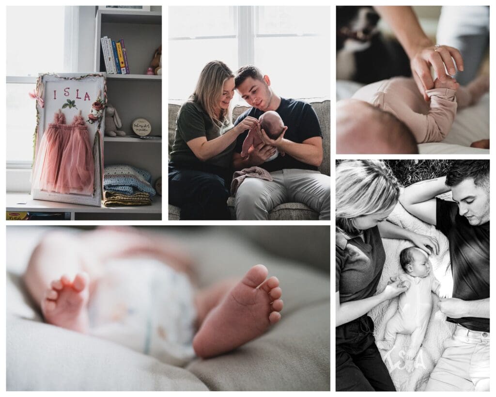 collage of in home newborn photography images showing baby details and family moments at home