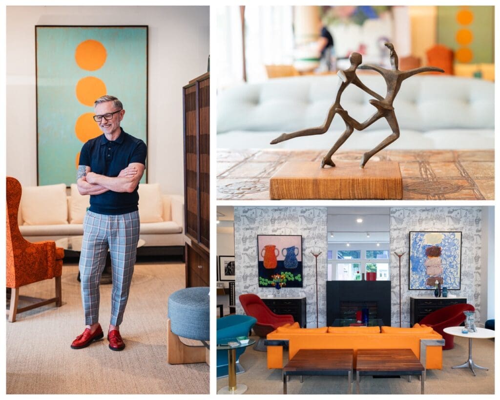 interior designer standing in his showroom alongside product and decor details