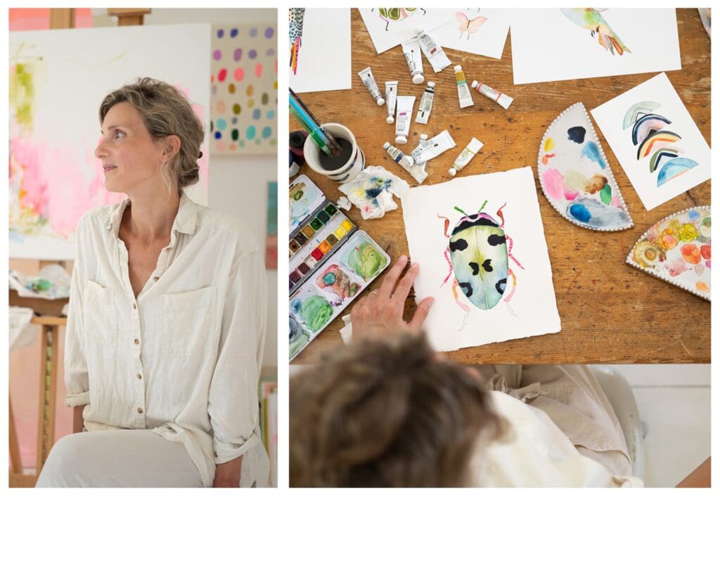 artist painting alongside a close-up of her watercolor supplies