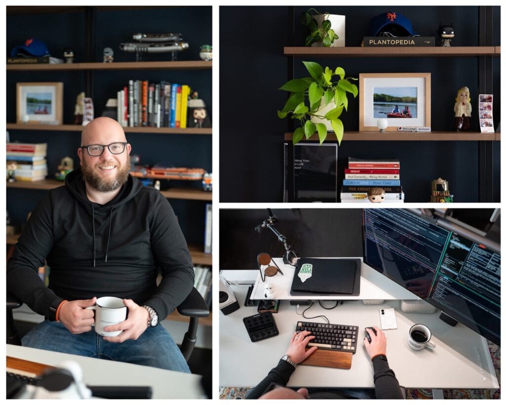 business owner in his workspace alongside details from his design studio