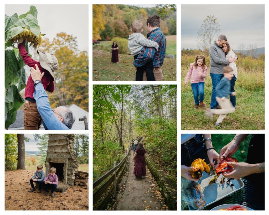 fall family photography collage from a Hudson Valley session with apple picking and outdoor family portraits
