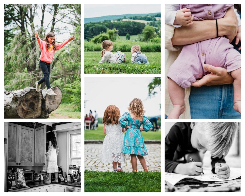 spring documentary family photography collage with kids playing outside in early spring