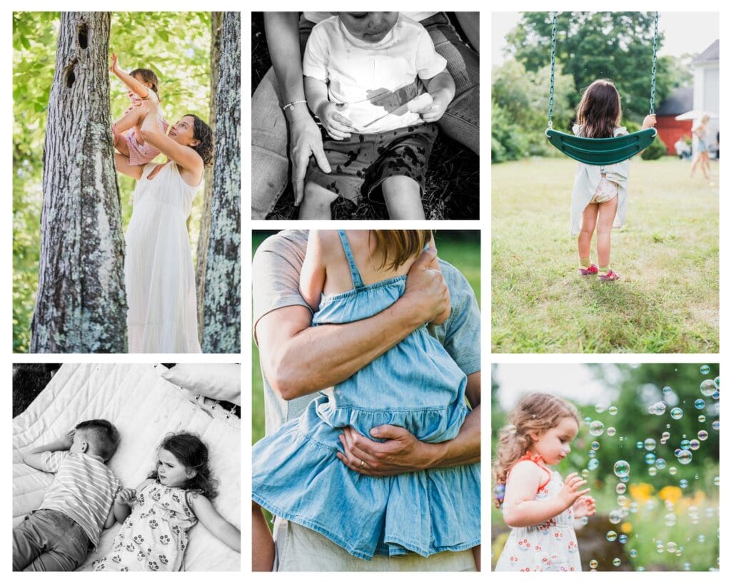 summer family photography collage from a Hudson Valley session with swing and bubbles
