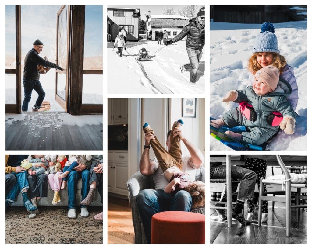 winter documentary family photography collage with family walking in snow